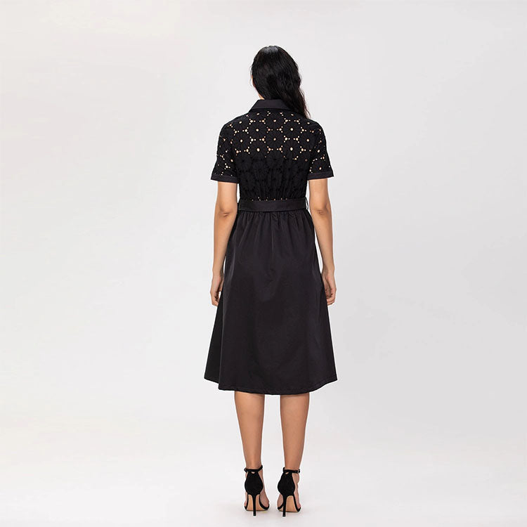 Lace and Cotton Shirt Dress with Belt