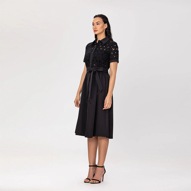 Lace and Cotton Shirt Dress with Belt