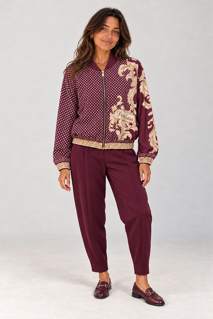 Burgundy/Champagne Mixed Print Bomber Jacket