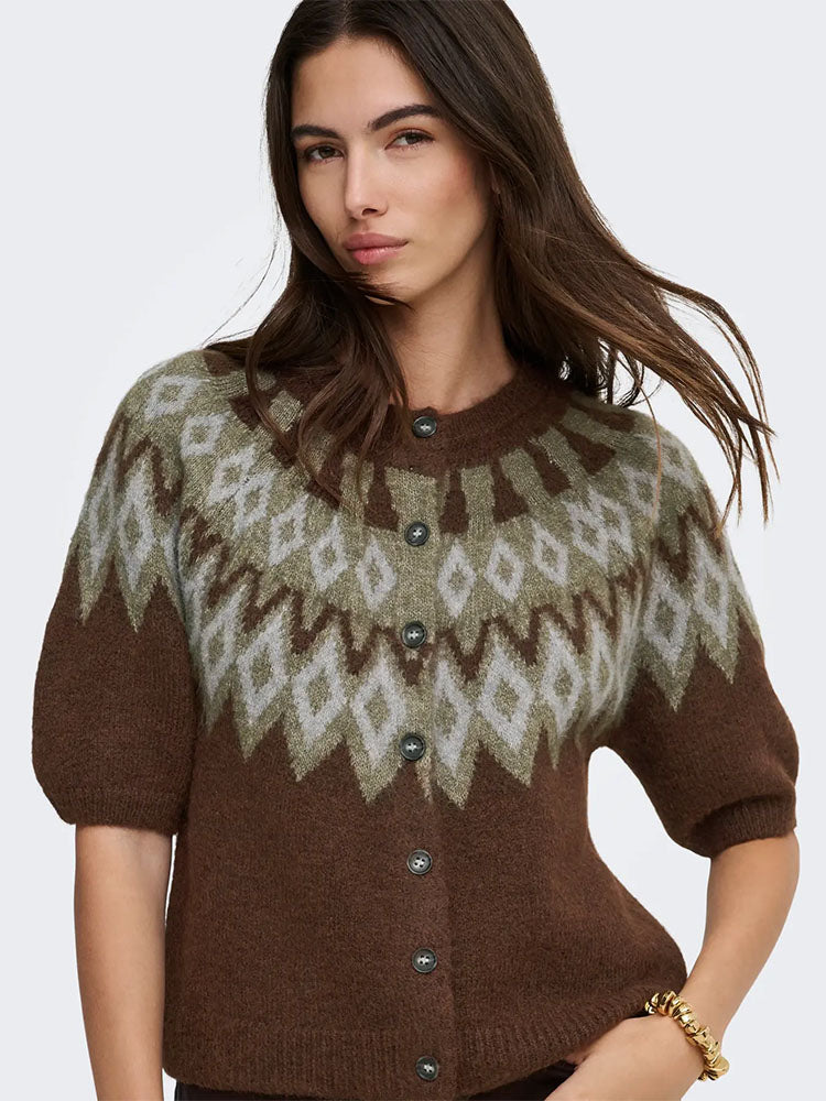 Onlreykja Short Sleeve Cardigan -Coffee bean Multi Pattern