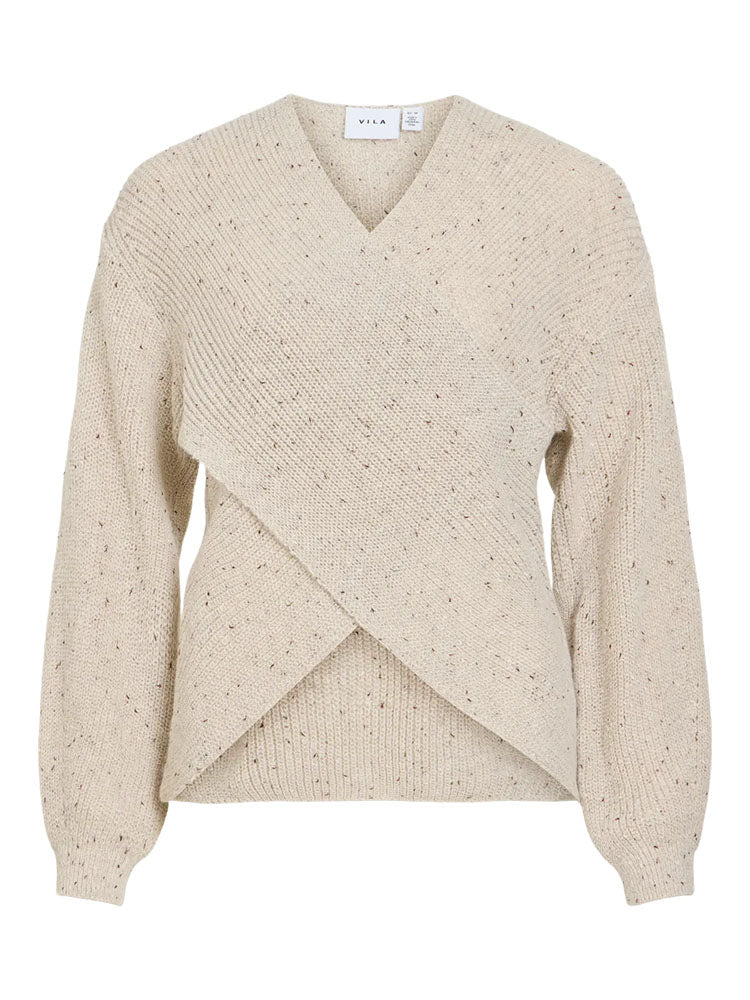 Visulvana V Neck Kniit Top-Cream/grey Multi Lurex