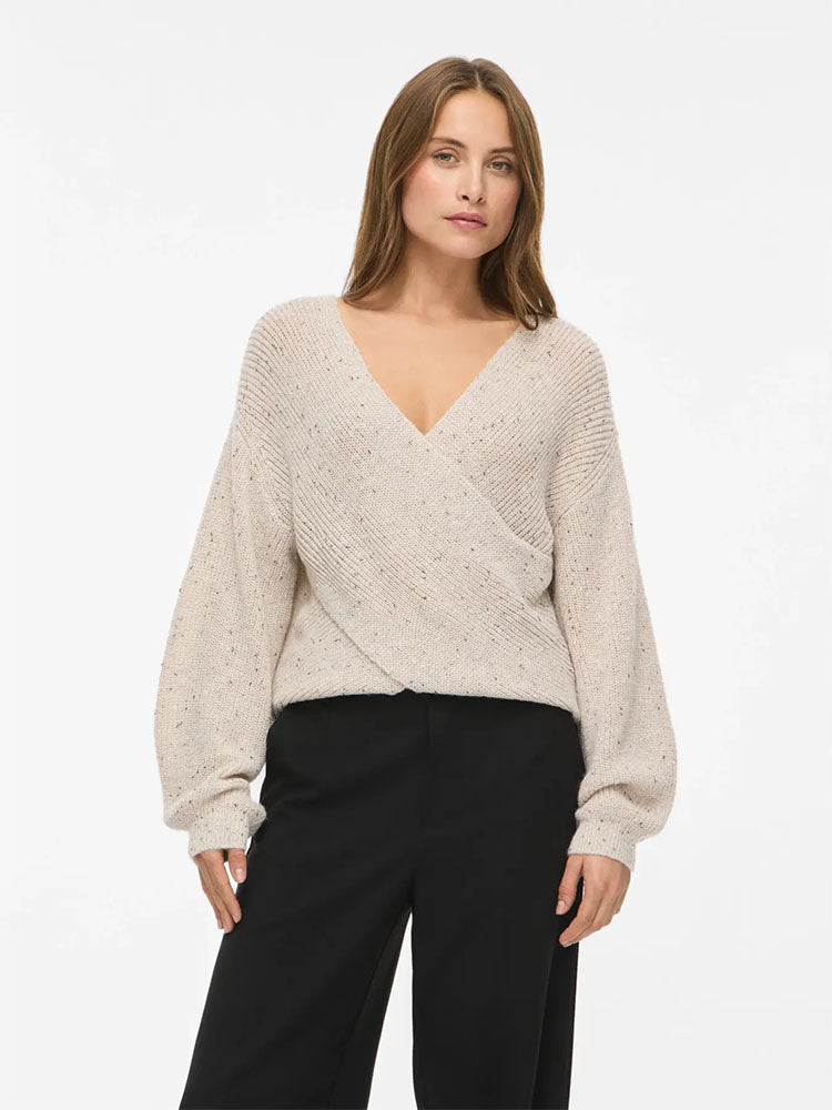 Visulvana V Neck Kniit Top-Cream/grey Multi Lurex