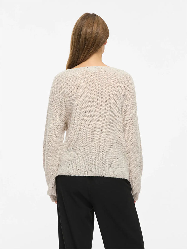 Visulvana V Neck Kniit Top-Cream/grey Multi Lurex