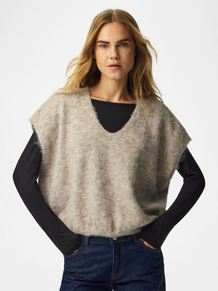 Pcallie Sleeveless V Neck Knit Vest-Beige