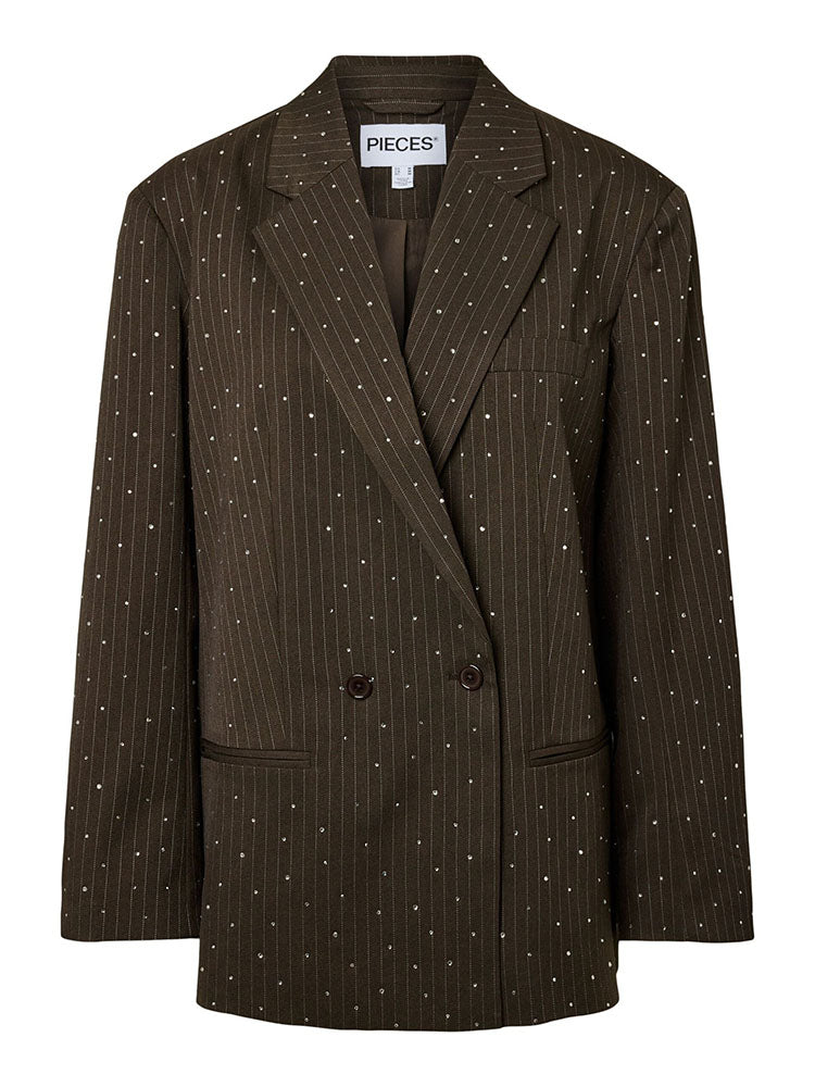 Pcfalka Pinstripe Brown/Cream Blazer with Rhinestones