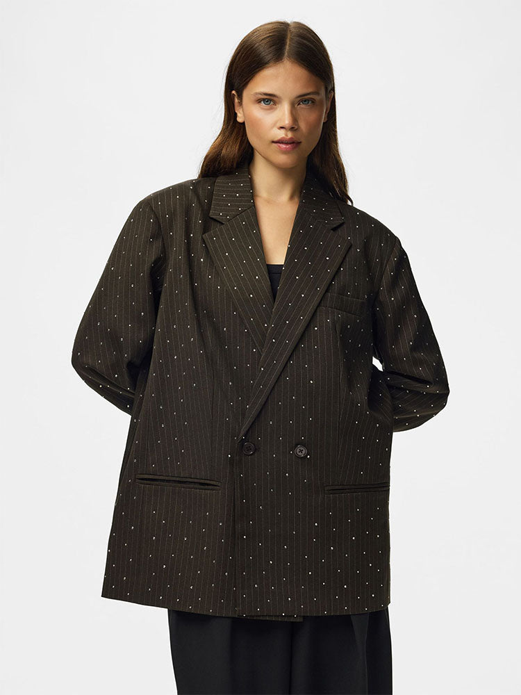 Pcfalka Pinstripe Brown/Cream Blazer with Rhinestones