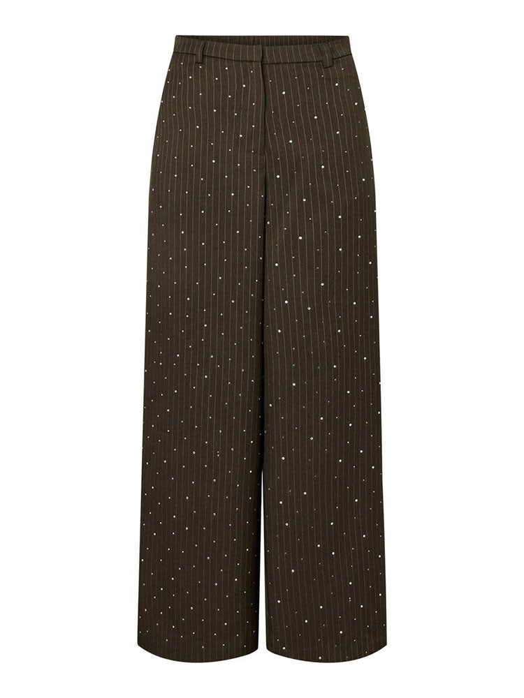 Pcfalka Pinstripe High Waist Brown/Cream Pinstripe Trousers with Rhinestones