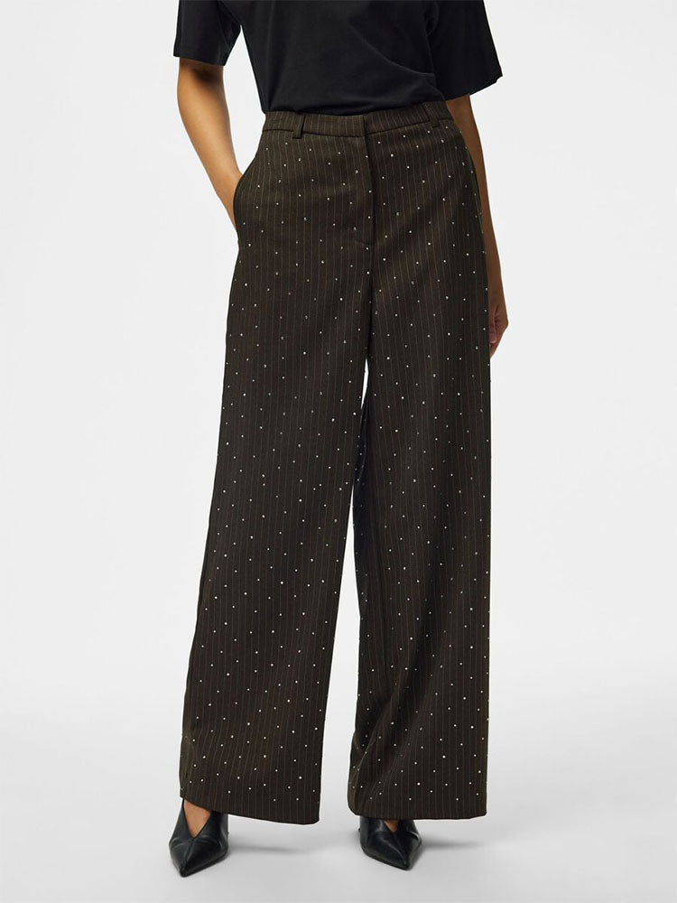 Pcfalka Pinstripe High Waist Brown/Cream Pinstripe Trousers with Rhinestones