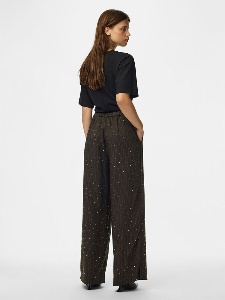 Pcfalka Pinstripe High Waist Brown/Cream Pinstripe Trousers with Rhinestones