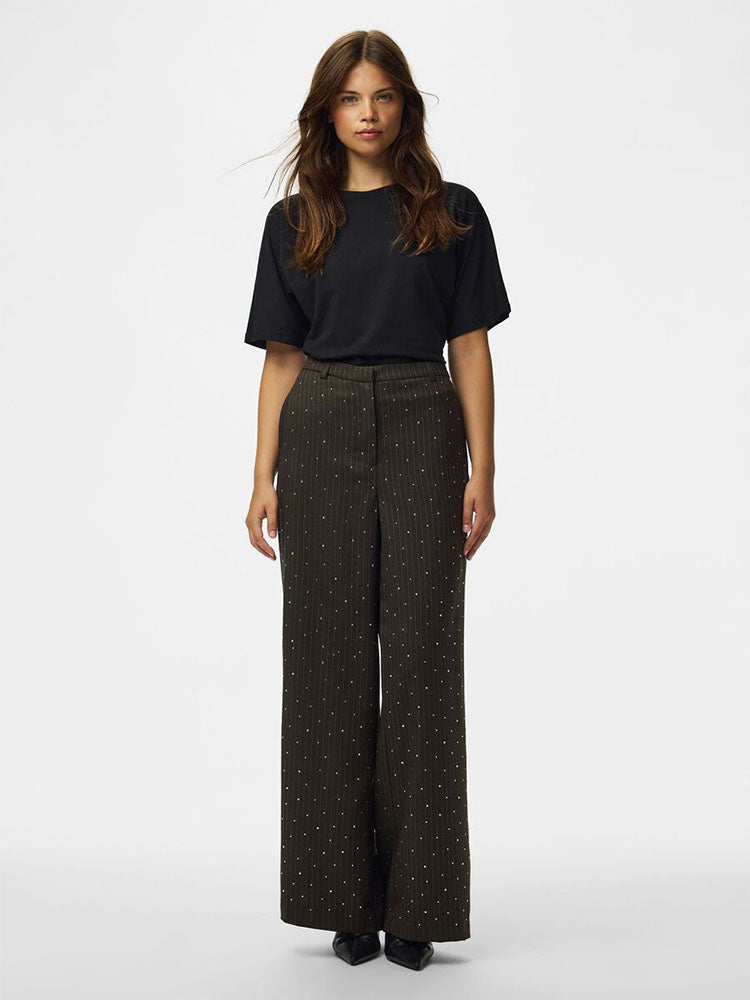 Pcfalka Pinstripe High Waist Brown/Cream Pinstripe Trousers with Rhinestones