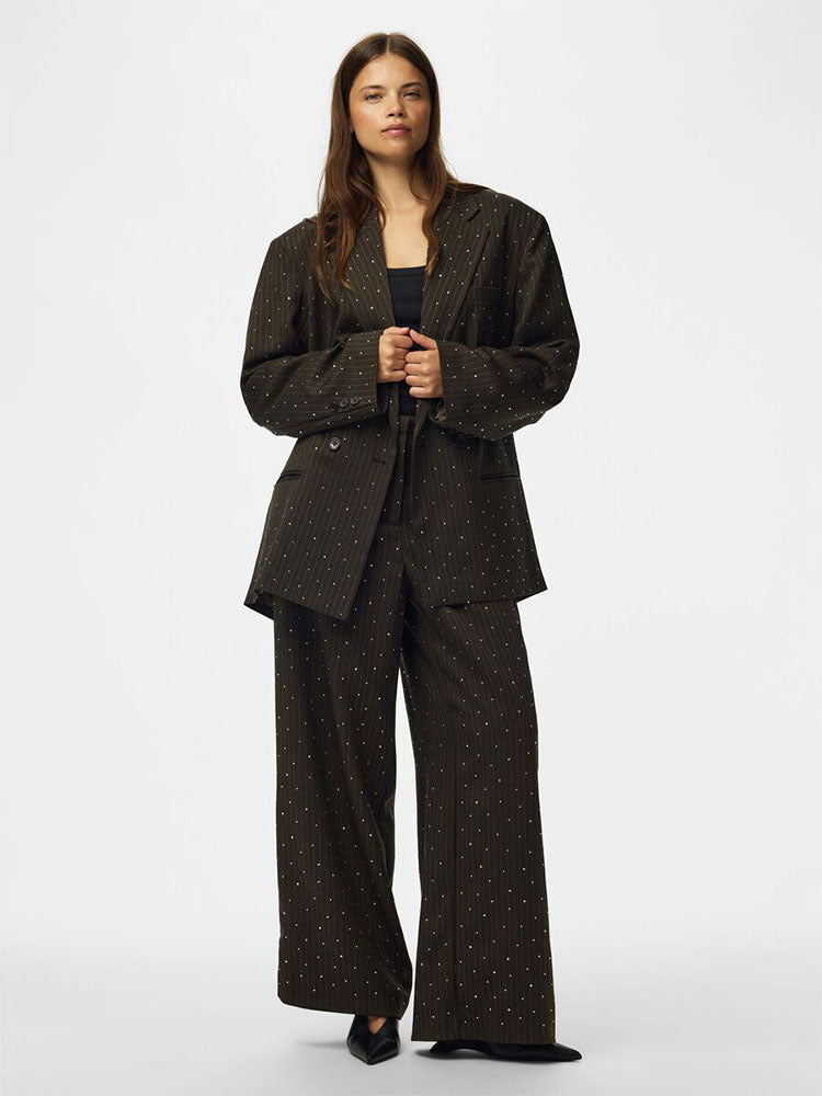 Pcfalka Pinstripe High Waist Brown/Cream Pinstripe Trousers with Rhinestones