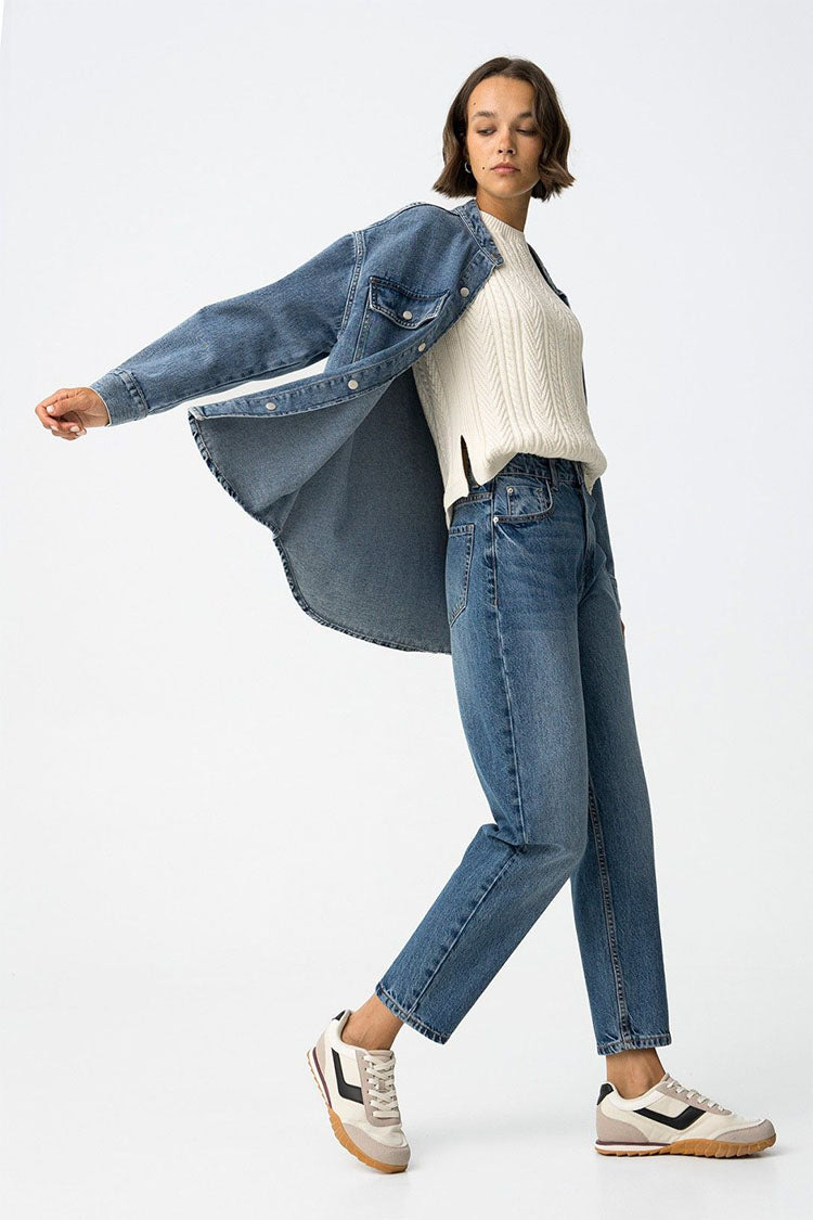 MOM_130- Tapered Mom Jeans-Medium Blue Denim