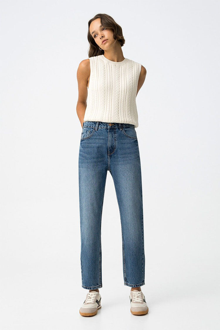 MOM_130- Tapered Mom Jeans-Medium Blue Denim
