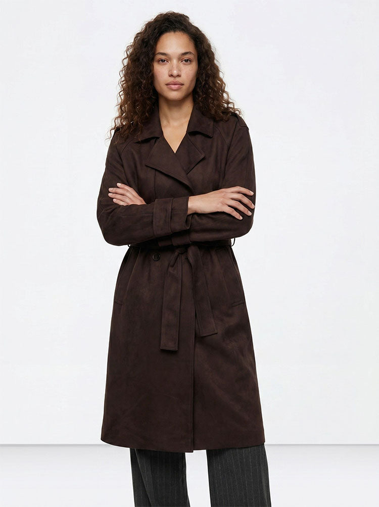 Suez_2 Long Faux Suede Coat-Chocolate