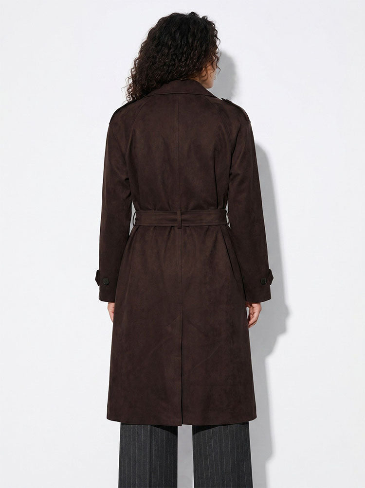 Suez_2 Long Faux Suede Coat-Chocolate