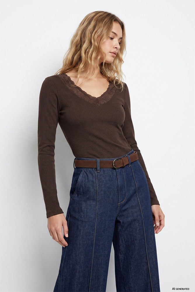 Icy Long Sleeve Top with Lace Detail-Brown