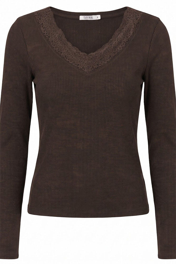 Icy Long Sleeve Top with Lace Detail-Brown