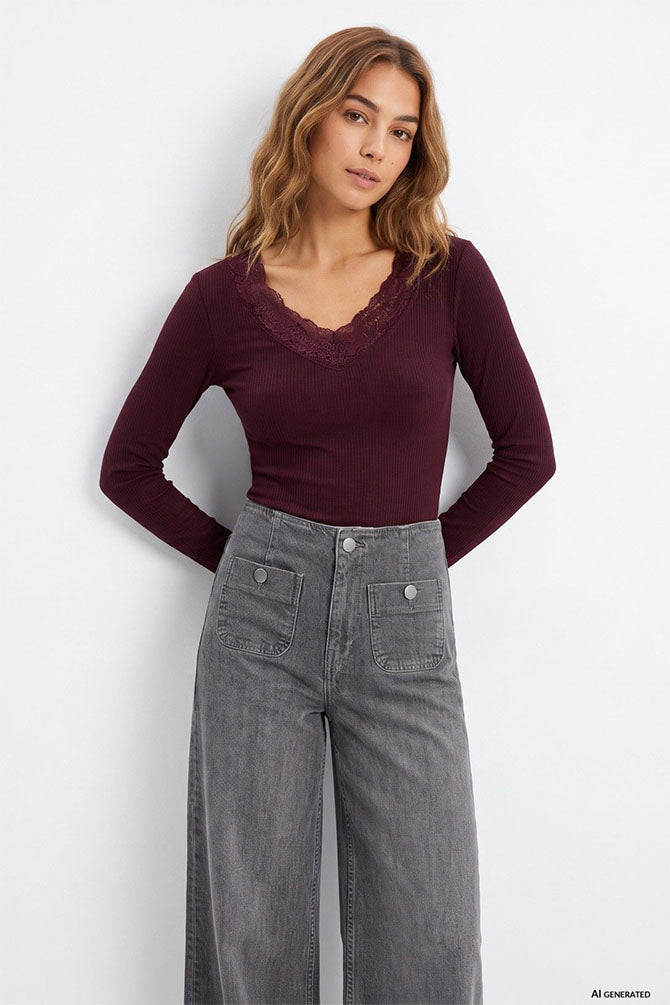 Icy Long Sleeve Top with Lace Detail-Fig