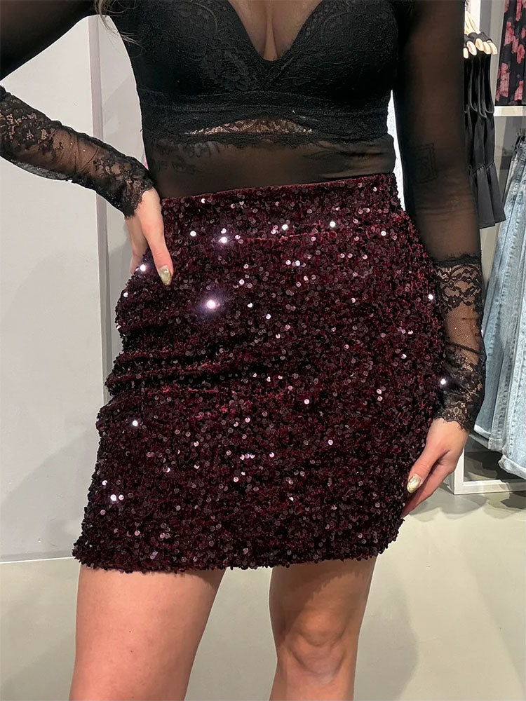 Vifaith High Waist Short Sequin Skirt-Fig