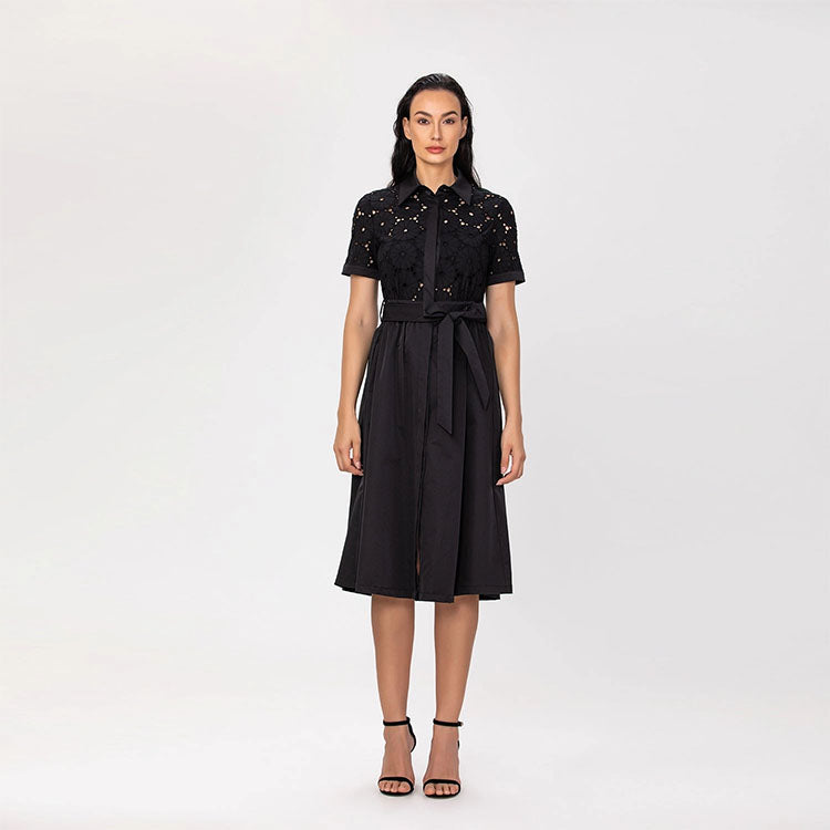 Lace and Cotton Shirt Dress with Belt