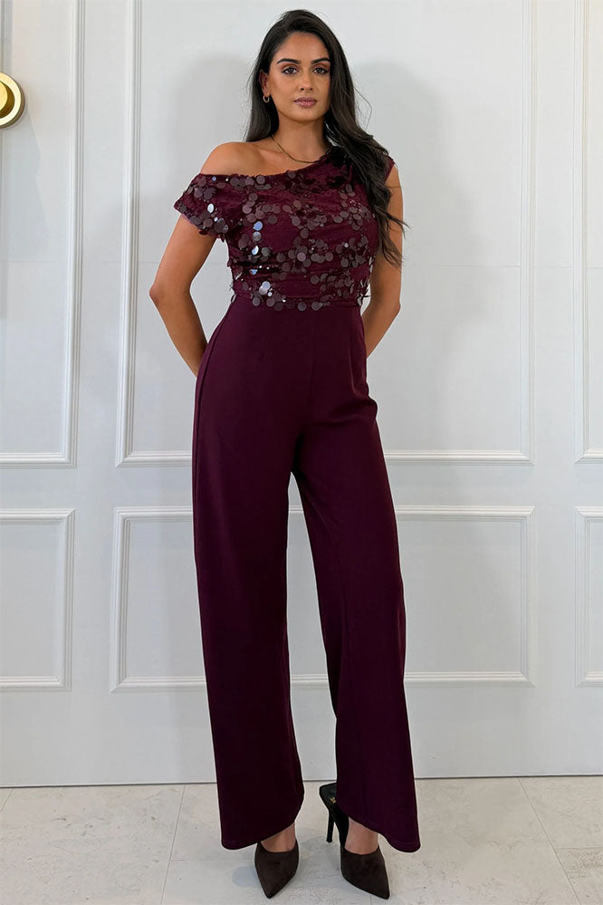 Camille Sequin Off Shoulder Jumpsuit Burgundy