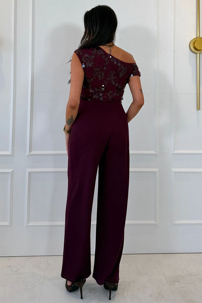 Camille Sequin Off Shoulder Jumpsuit Burgundy