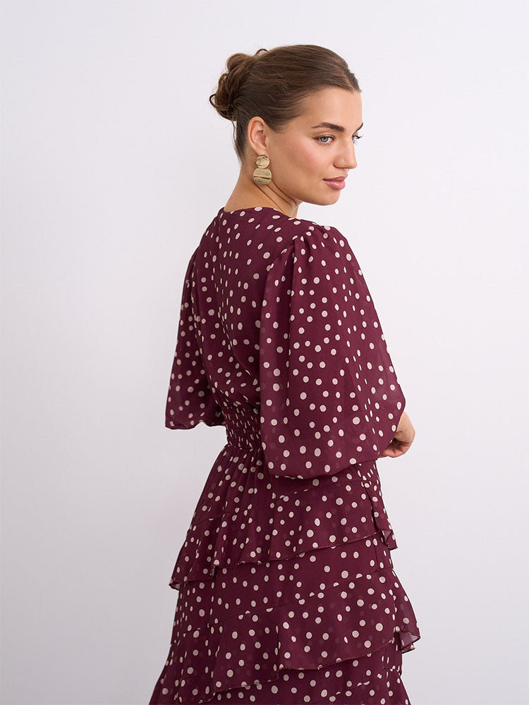 Wine Polka Dot Flounce Dress
