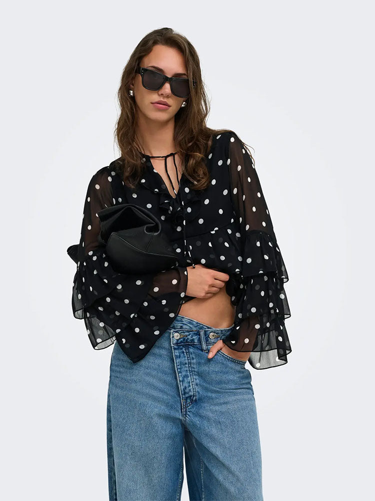 Onlnovara Ruffle Blouse-Black/White Polka Dots