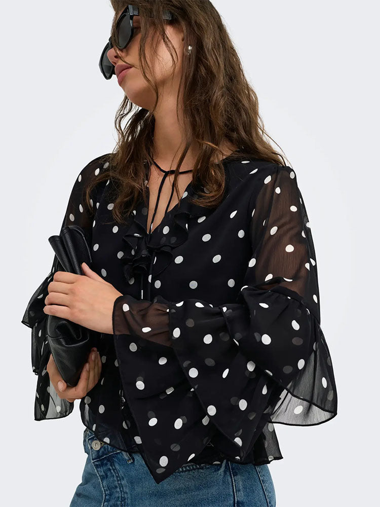 Onlnovara Ruffle Blouse-Black/White Polka Dots