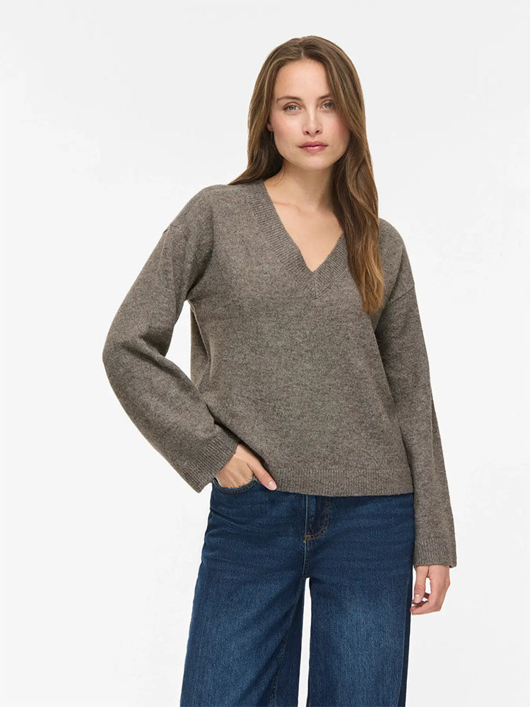 Viliga V-Neck Knit Sweater-Brown/Beige