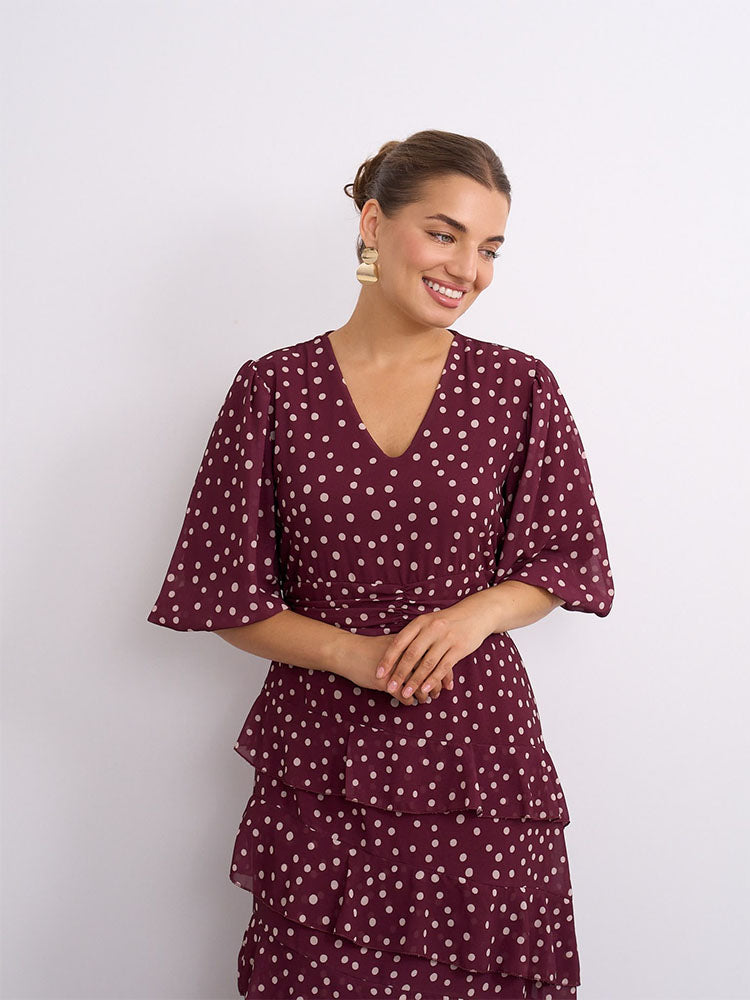 Wine Polka Dot Flounce Dress