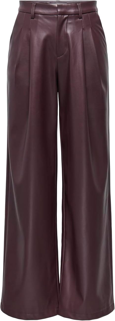 Onlniella High Waist Faux Leather Wide Leg Trousers-Fudge
