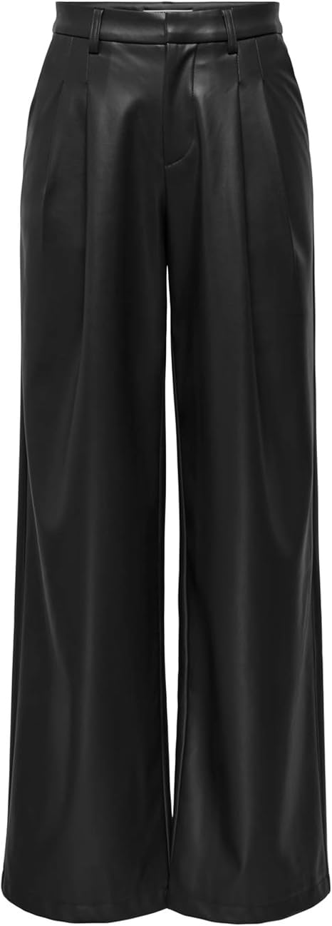 Onlniella High Waist Faux Leather Wide Leg Trousers-Black