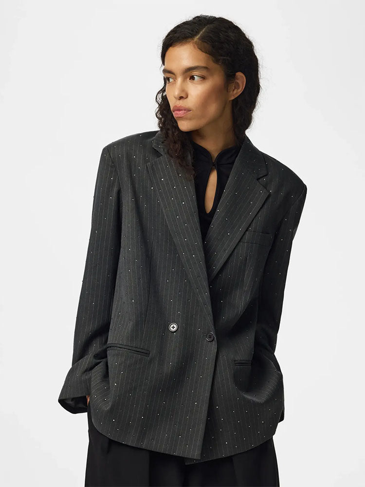 Pcfalka Pinstripe Dark Grey Blazer with Rhinestones