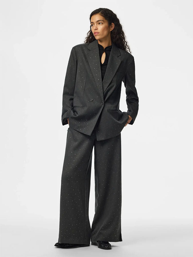 Pcfalka Pinstripe Dark Grey Blazer with Rhinestones