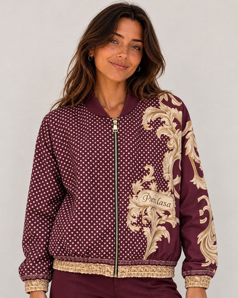 Burgundy/Champagne Mixed Print Bomber Jacket
