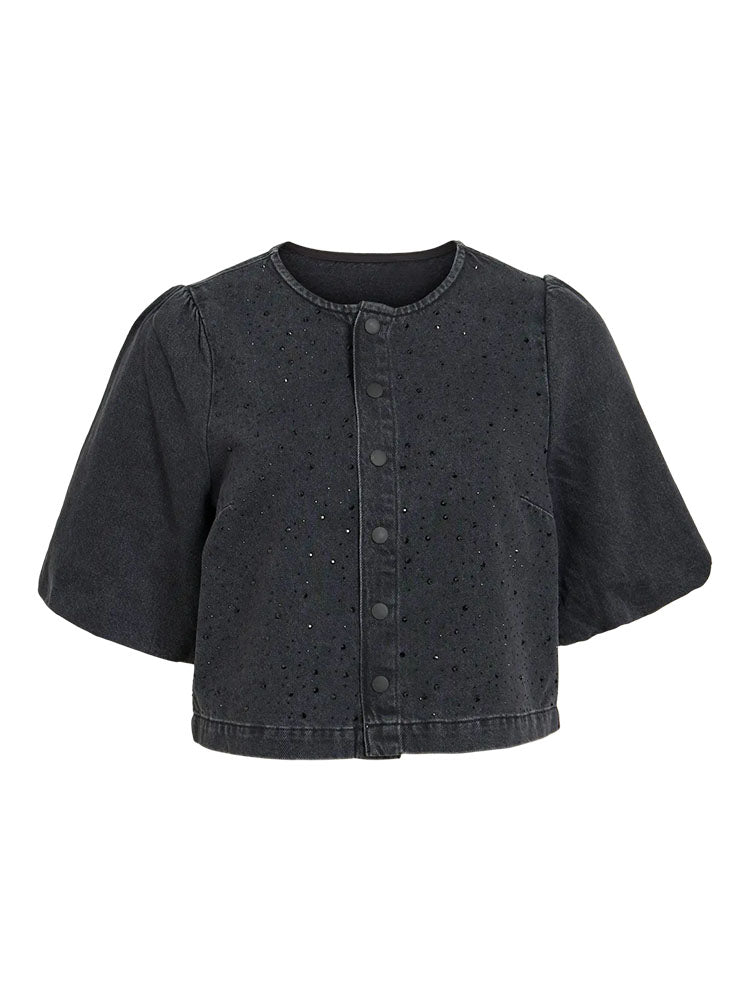 Vipal Rhinestone Denim Top-Black Denim