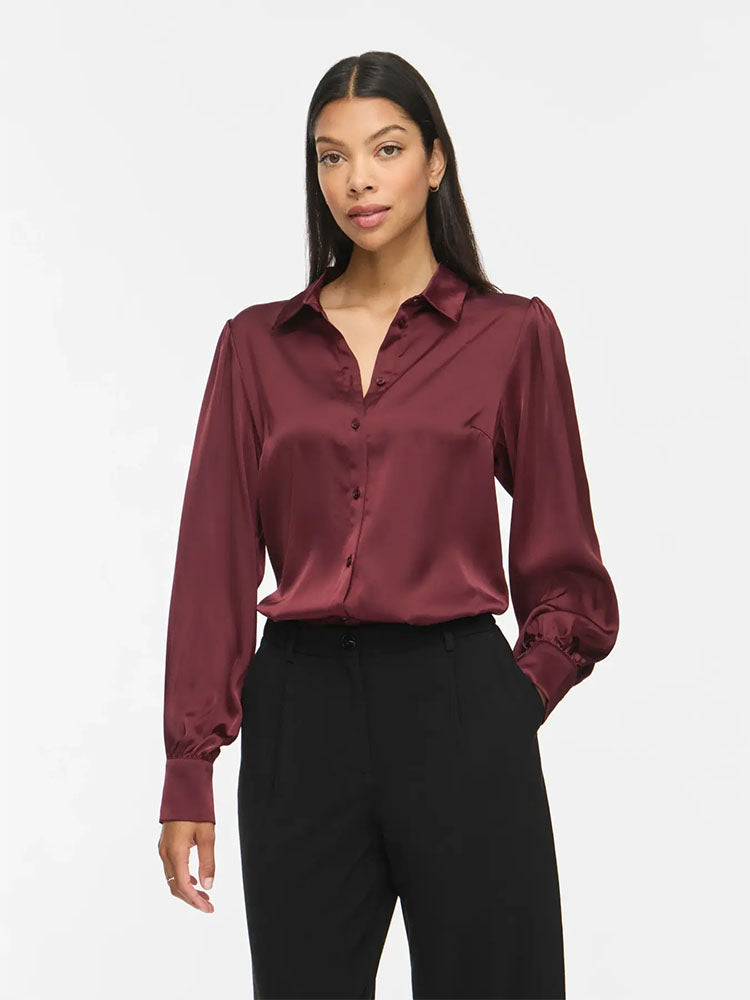 Vienna Ravenna Satin Balloon Shirt-Burgundy