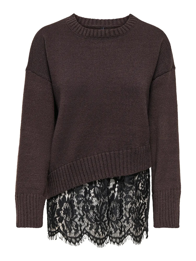Onlevie Knit Lace Mix Sweater-Coffee Bean/Black Lace