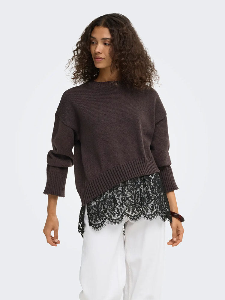 Onlevie Knit Lace Mix Sweater-Coffee Bean/Black Lace