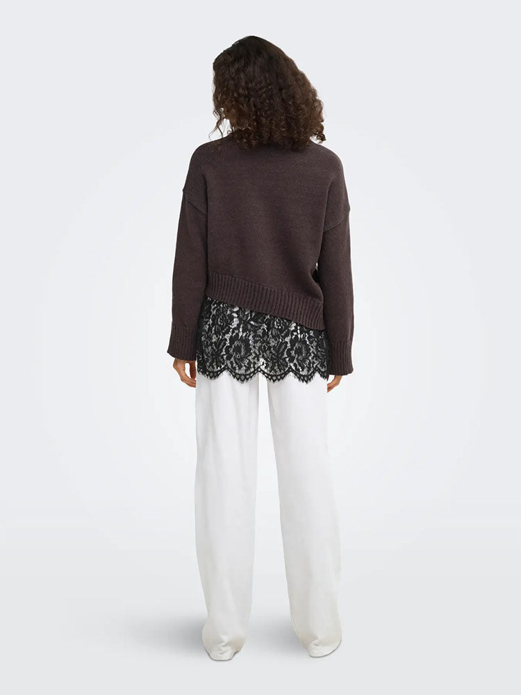 Onlevie Knit Lace Mix Sweater-Coffee Bean/Black Lace