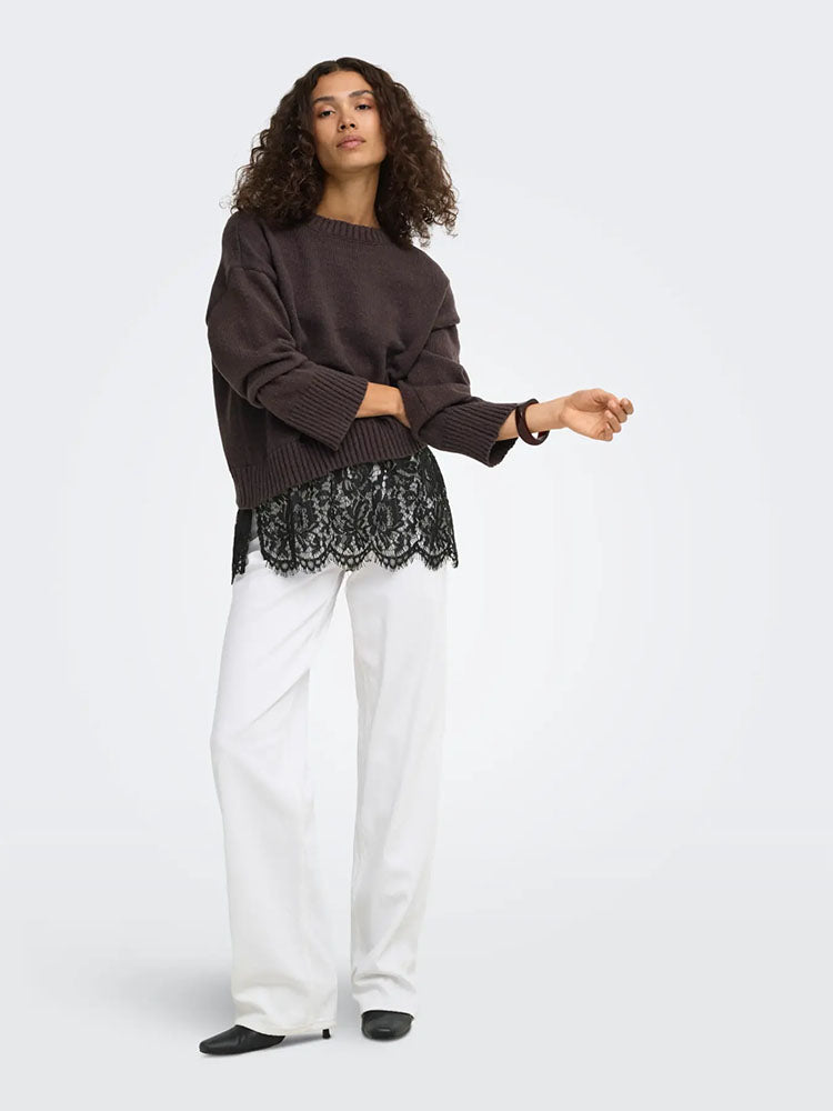 Onlevie Knit Lace Mix Sweater-Coffee Bean/Black Lace
