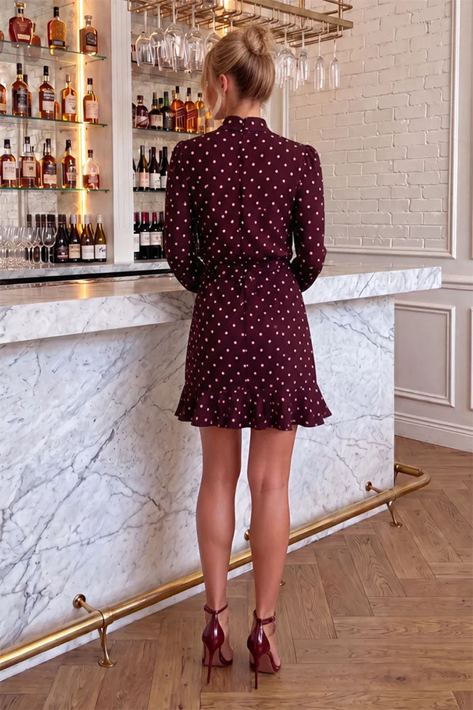 Burgundy Polka Dot Print High Neck Long Sleeve Mini Dress