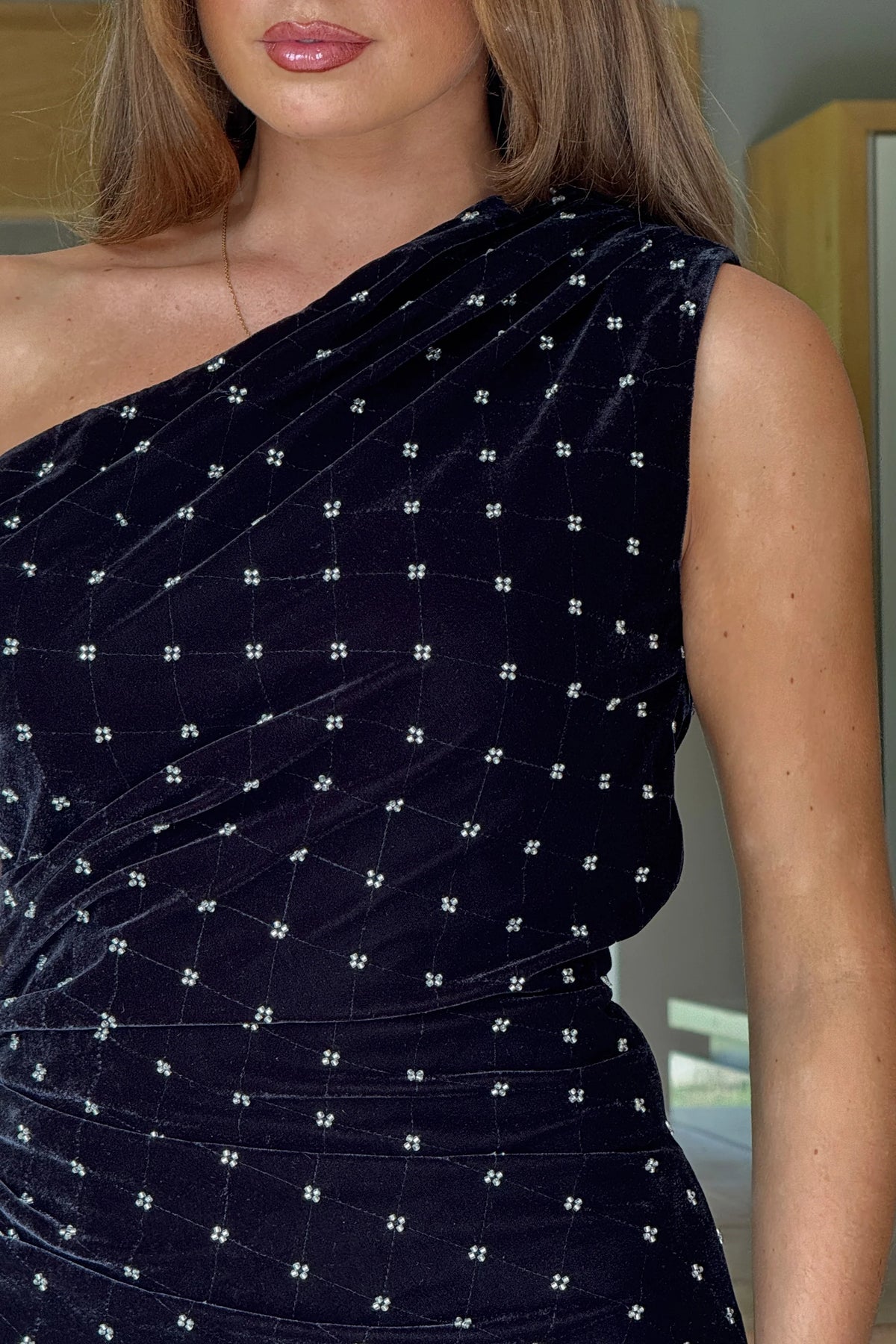 Donna Asymmetric Neckline Midi Dress Beaded Velvet
