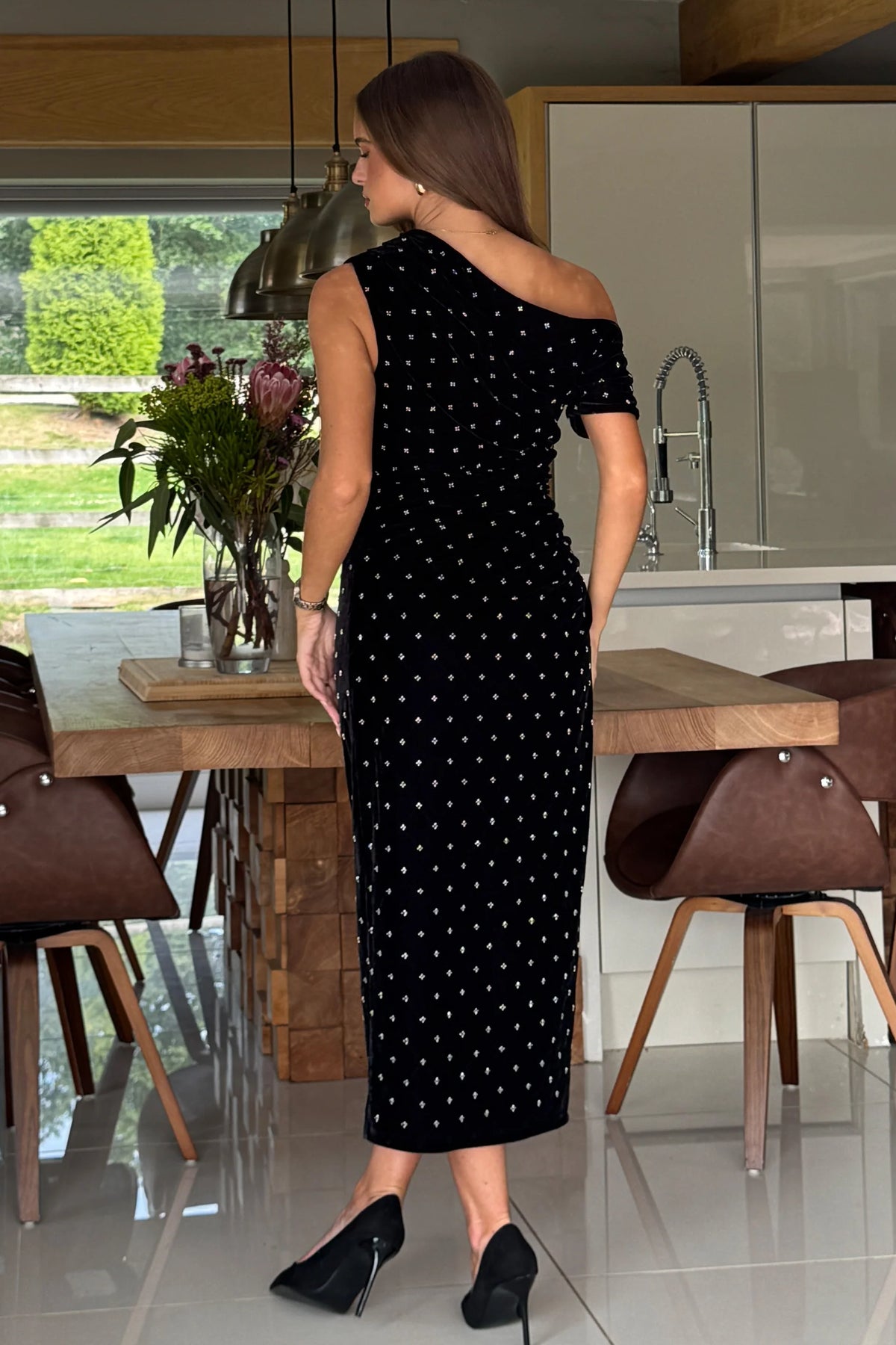 Donna Asymmetric Neckline Midi Dress Beaded Velvet