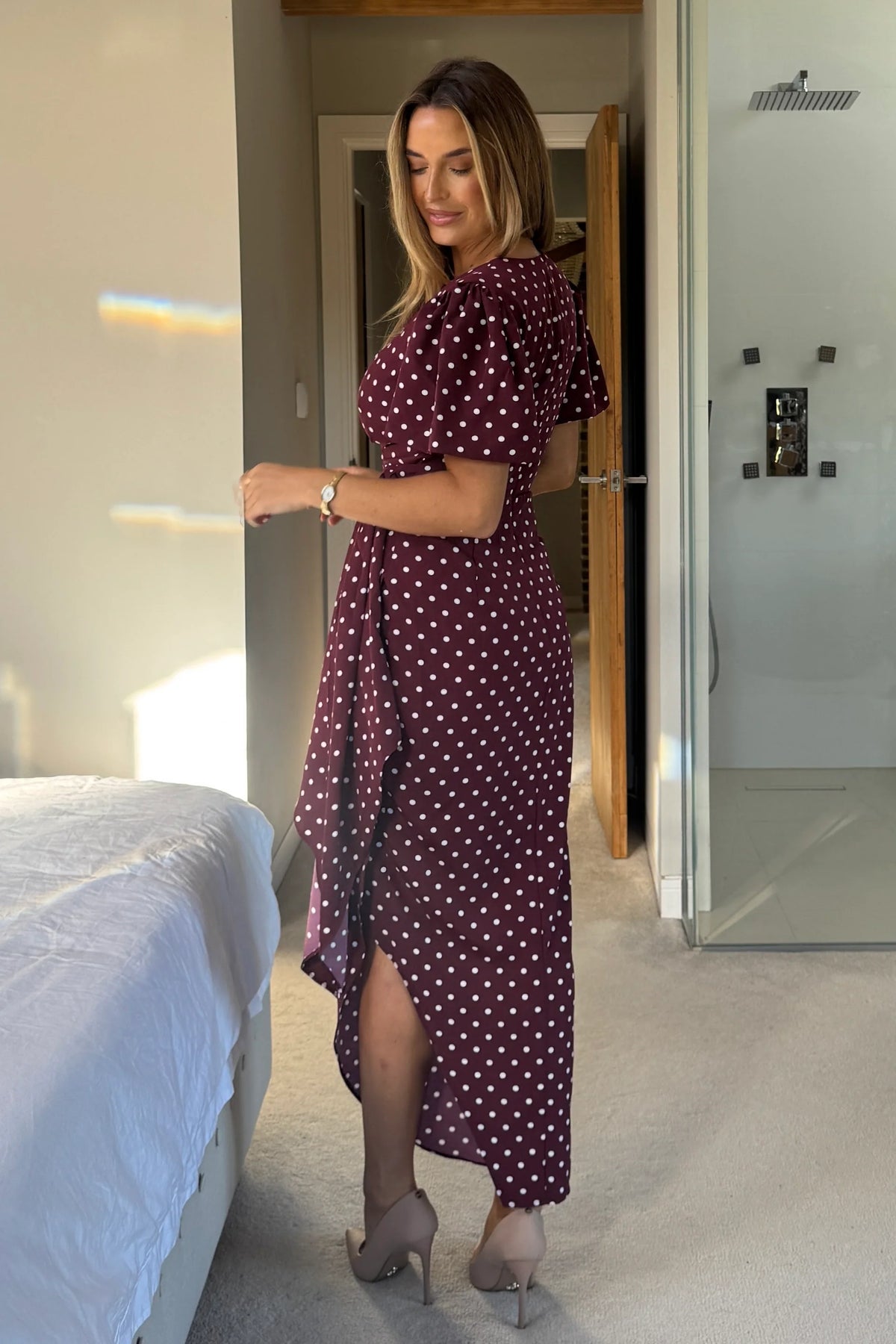Drew Puff Sleeve Wrap Front Midi Dress Berry Spot