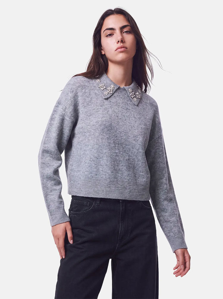 Pcedith Grey Pearl Knit Collar Sweater