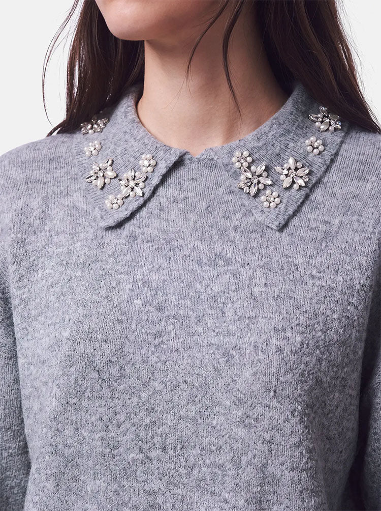 Pcedith Grey Pearl Knit Collar Sweater