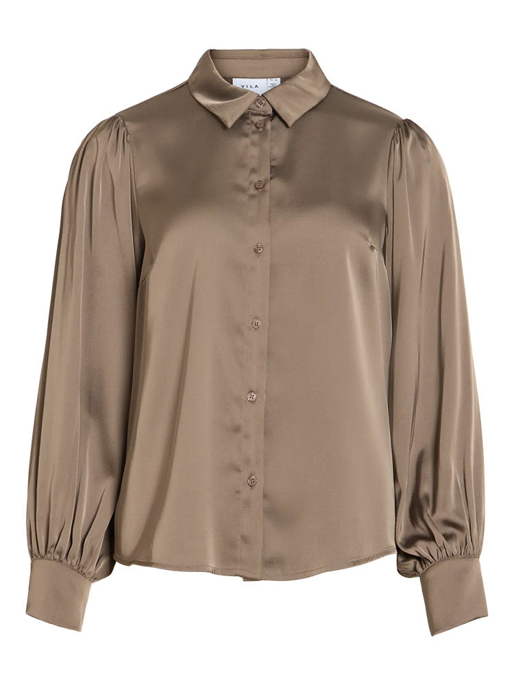 Vienna Ravenna Satin Balloon Sleeve Shirt-Beige
