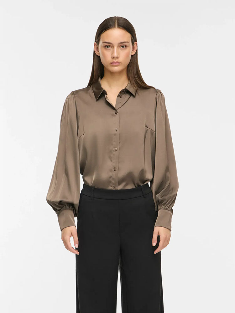 Vienna Ravenna Satin Balloon Sleeve Shirt-Beige
